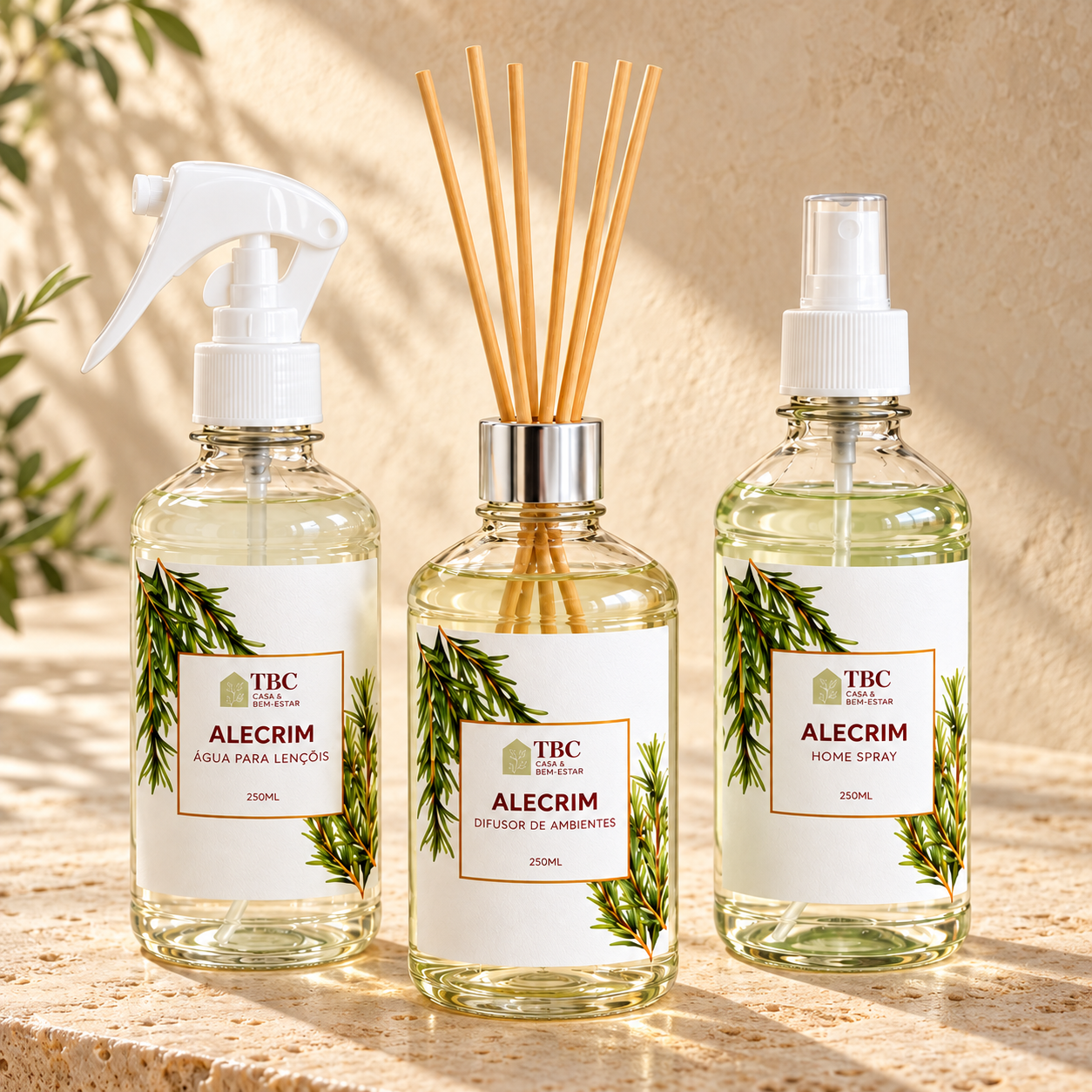 Kit TBC de Alecrim com difusor, água para lençóis e home spray